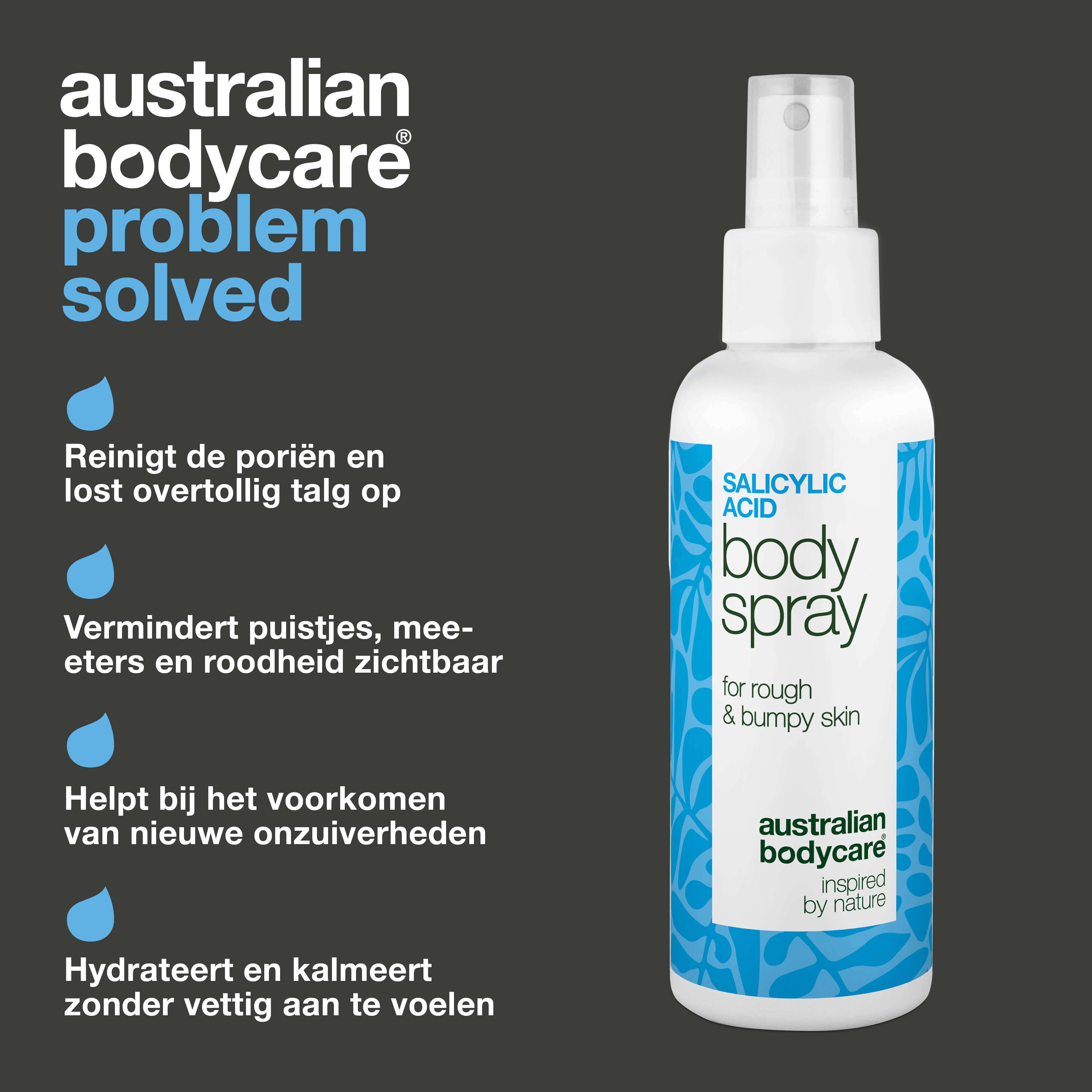 Sprayfles met tekst: Salicylic Acid Body Spray. Tekst: Reinigt poriën, vermindert puistjes. Merk: Australian Bodycare.