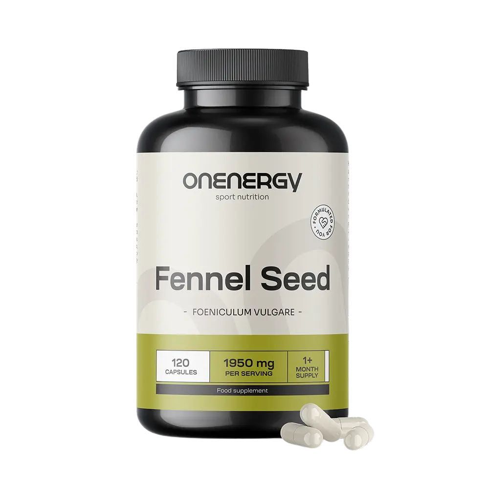 Bouteille foncée de capsules de graines de fenouil ONENERGY, 1950 mg par portion.