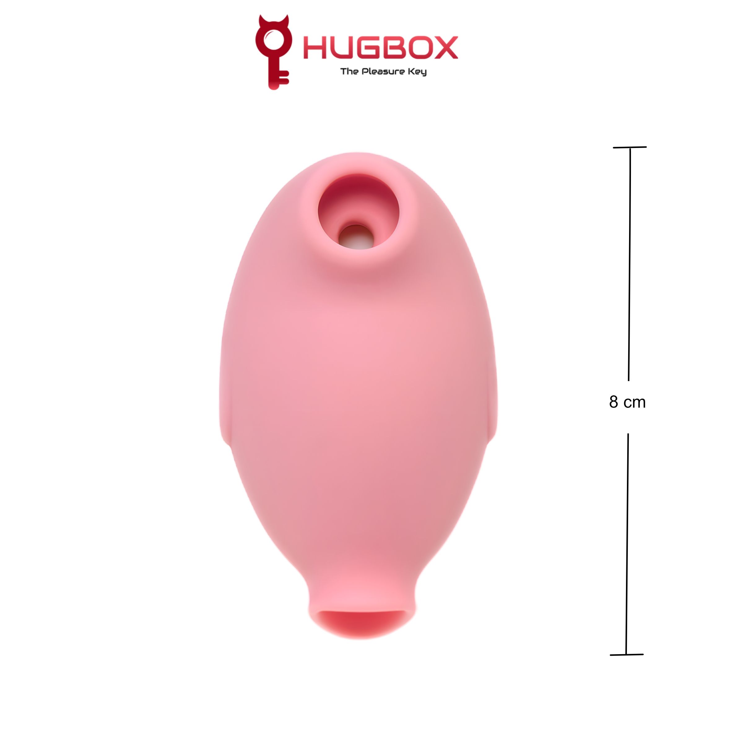 Appareil rose en forme d'œuf avec ouvertures. Logo HUGBOX. Dimension : 8 cm. Vue de face du produit.