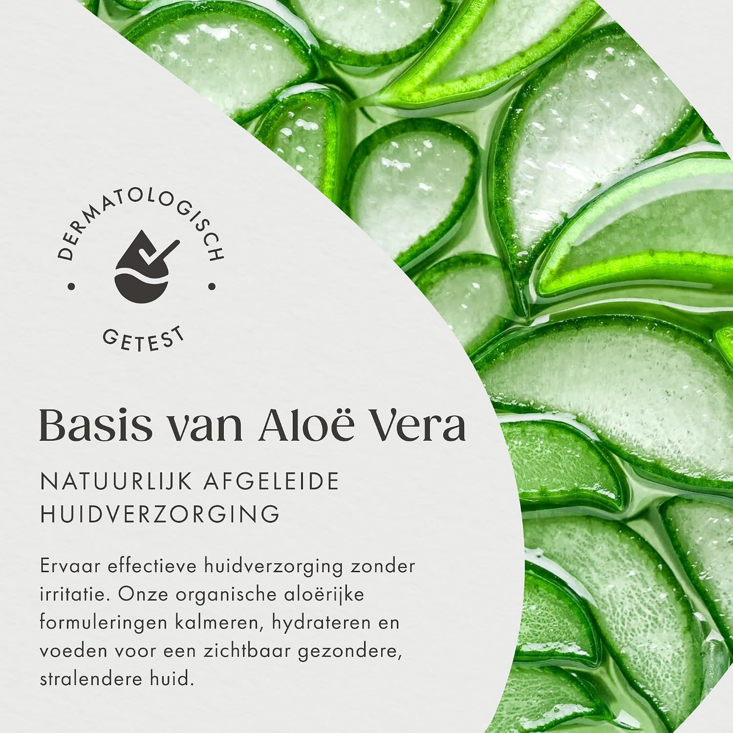 Vrouw met krullend haar kijkt peinzend. Tekst: Het geschenk van een gezonde huid.