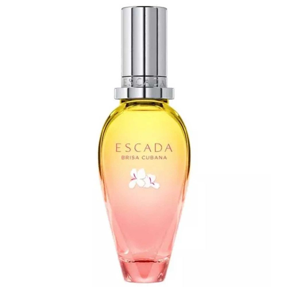 Escada Brisa Cubana Eau de Toilette fles. Roze-gele kleurverloop, zilveren dop. Bloemen decoratie.