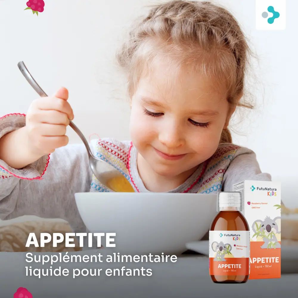 Enfant mangeant avec une cuillère. À côté, une bouteille et une boîte de FutuNatura KIDS Sirop Appétit.