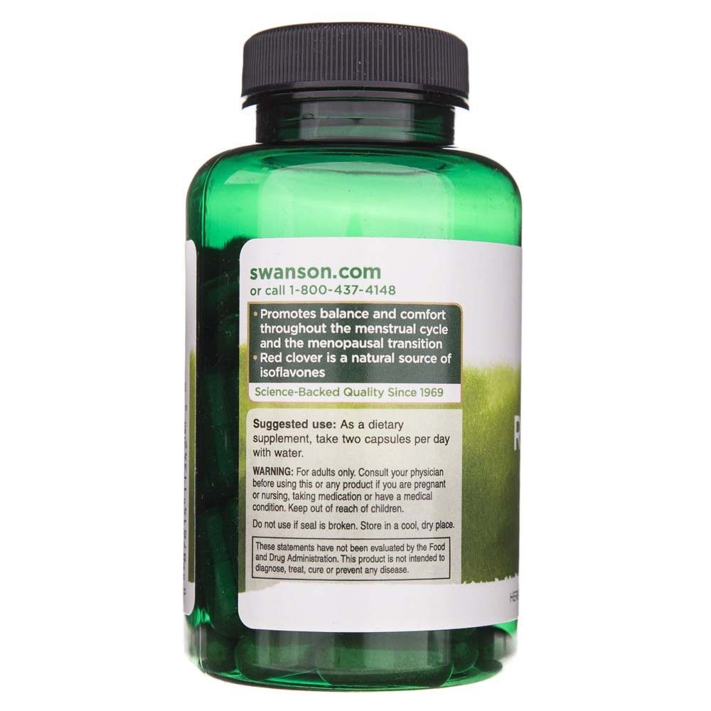 Bouteille verte de capsules avec un bouchon noir. Étiquette avec informations sur les isoflavones de trèfle rouge.