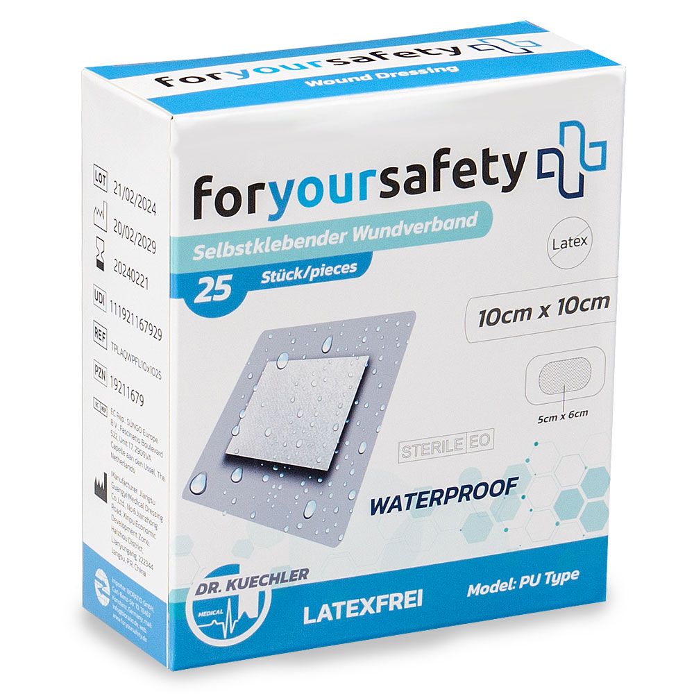 Verpakking met 25 pleisters 10x10cm, steriel, waterdicht. Merk: foryoursafety, Dr. Kuechler Medical. Latexvrij.