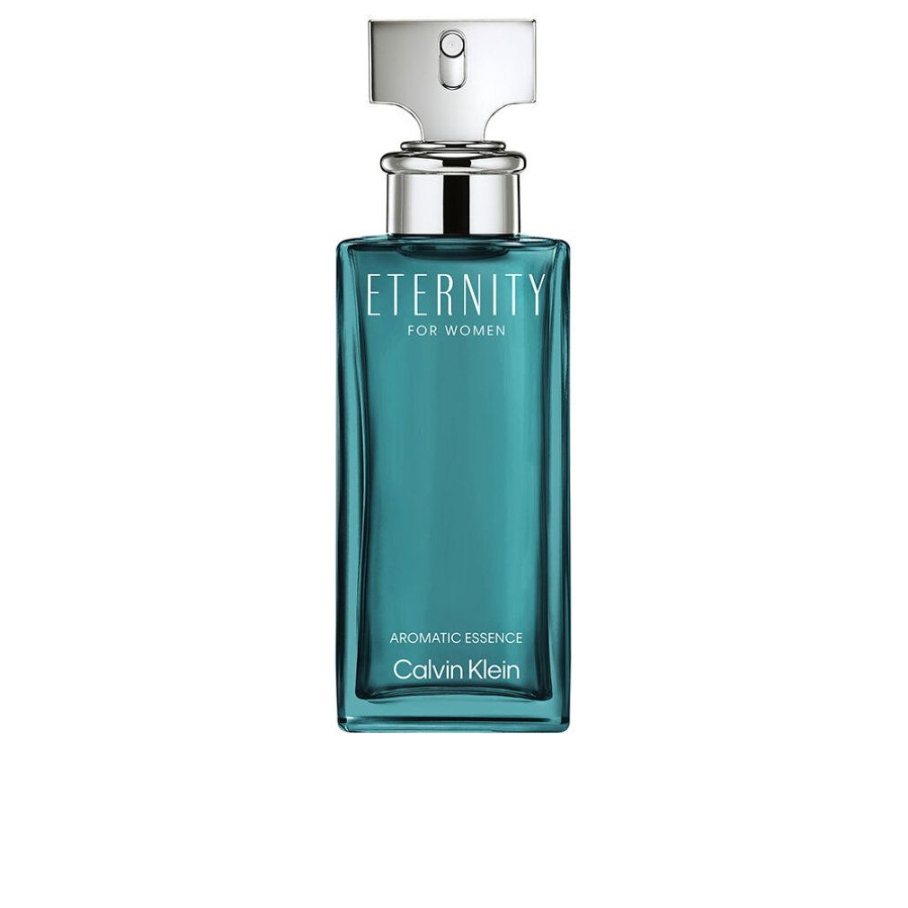 Flacon rectangulaire, bleu-vert, bouchon argenté. Inscription Eternity, Calvin Klein. Essence aromatique.