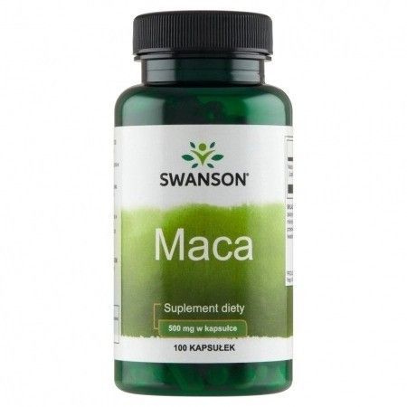 Groene fles met zwarte dop. Etiket met Swanson, tekst Maca en 500 mg. 100 capsules.
