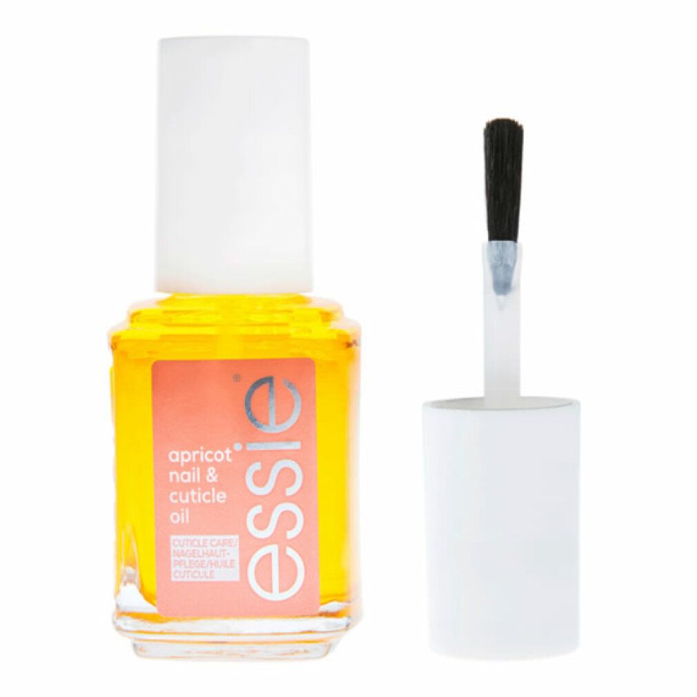Flacon en verre avec liquide jaune, bouchon blanc et pinceau. Étiquette : apricot nail & cuticle oil, essie.