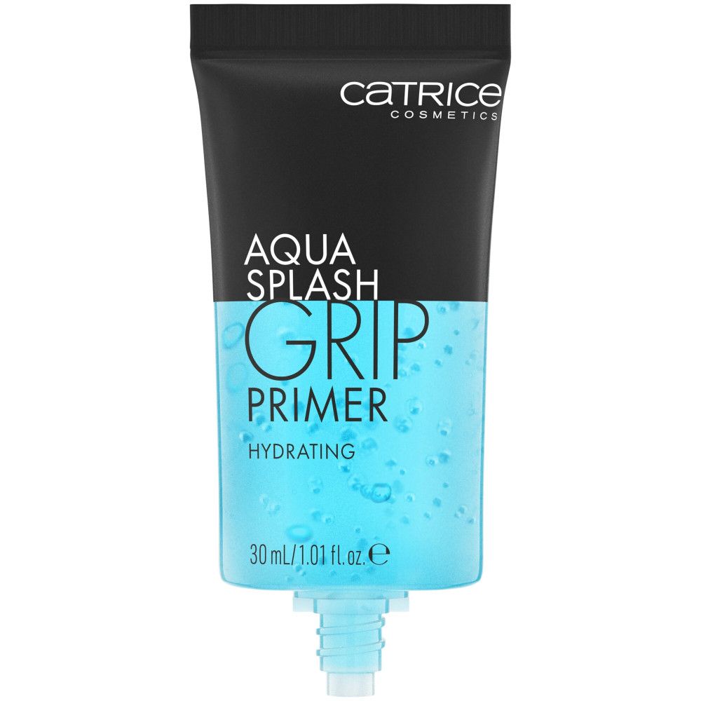 Tube noir et bleu. Inscription: Aqua Splash Grip Primer Hydrating. Marque: Catrice Cosmetics. En bas: 30 ml/1.01 fl.oz.e.