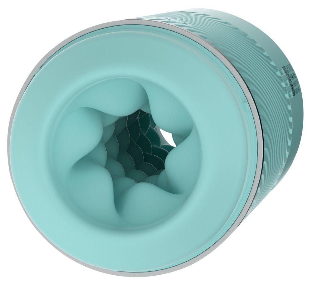 Turquoise siliconen masturbator met interne honingraatstructuur en geribd buitendesign.