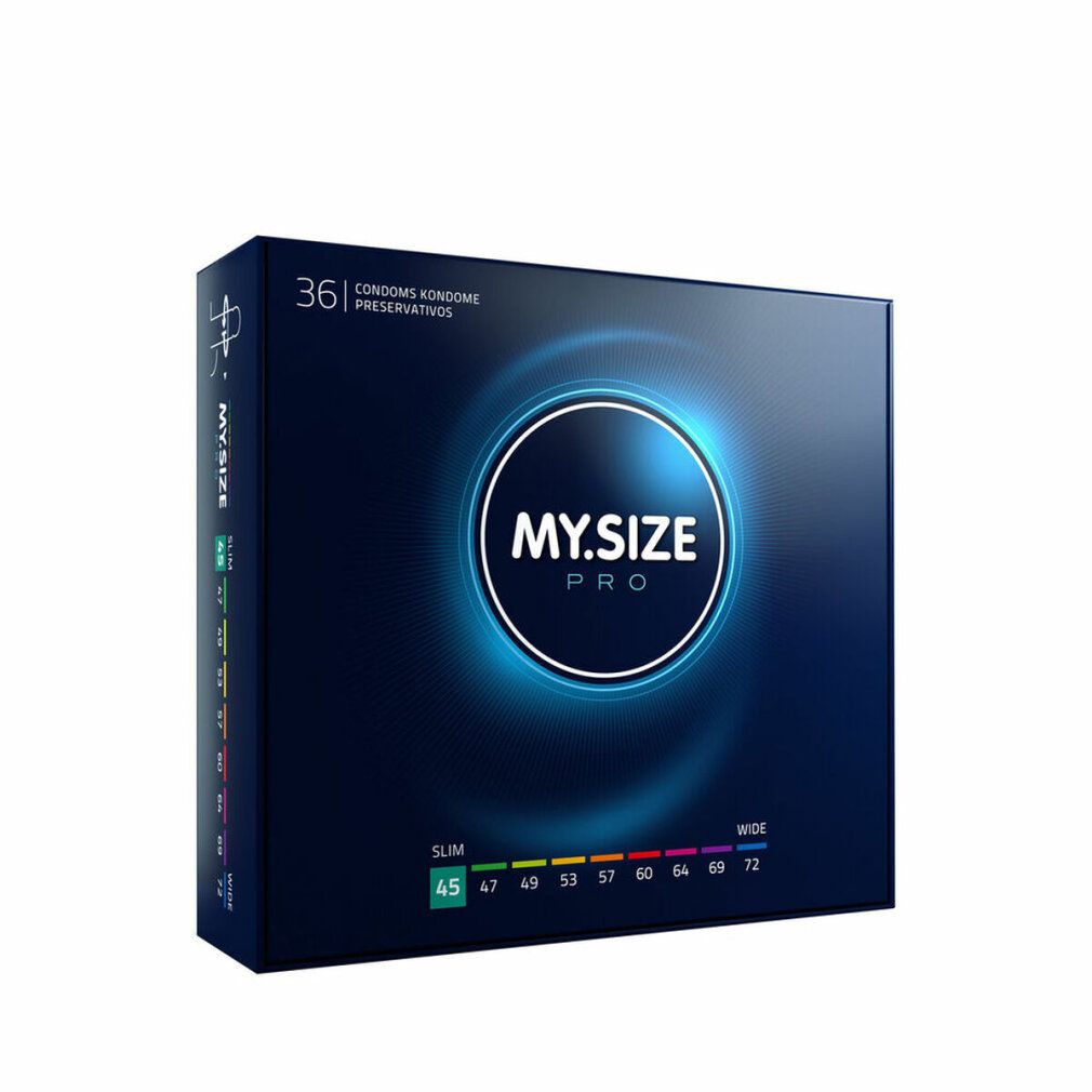 Donkerblauwe doos met "MY.SIZE PRO" logo. "36 condooms" bovenaan. Maten onderaan.