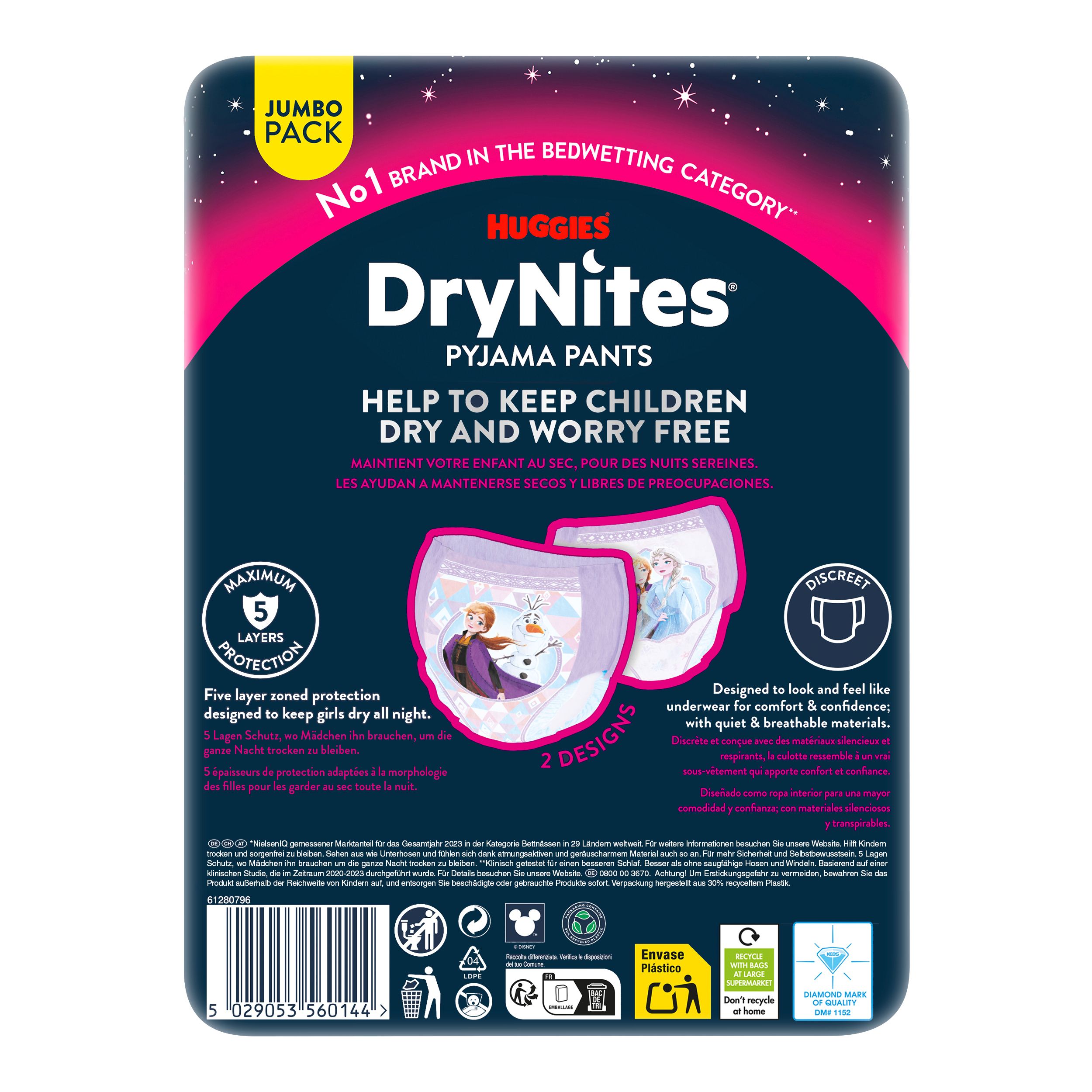 Huggies DryNites Pyjama Pants. Couches-culottes pour filles. 2 modèles. Protection 5 couches. Discrètes et respirantes. Jumbo Pack.