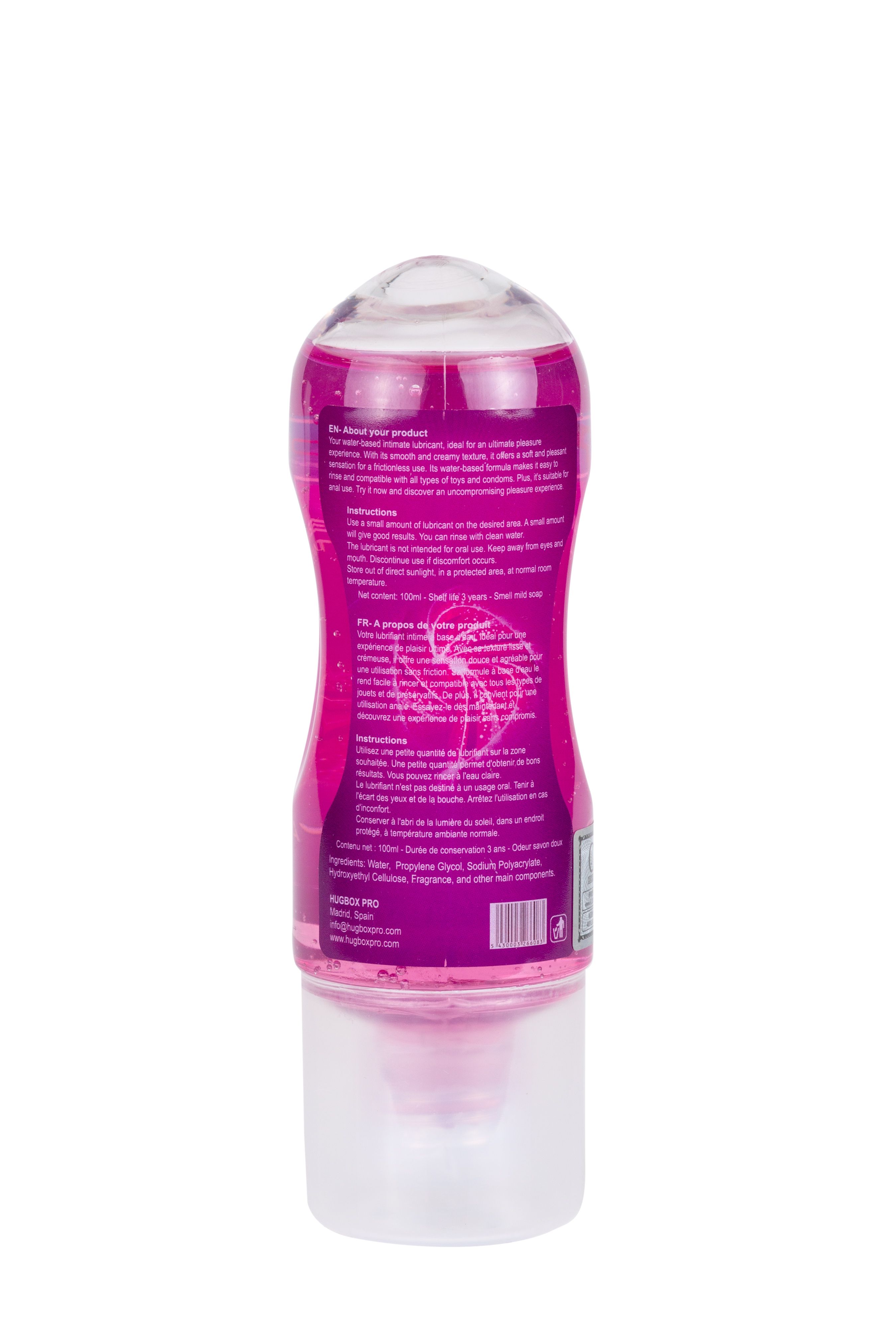 Bouteille de liquide rose. Couvercle transparent. Texte sur l'étiquette.