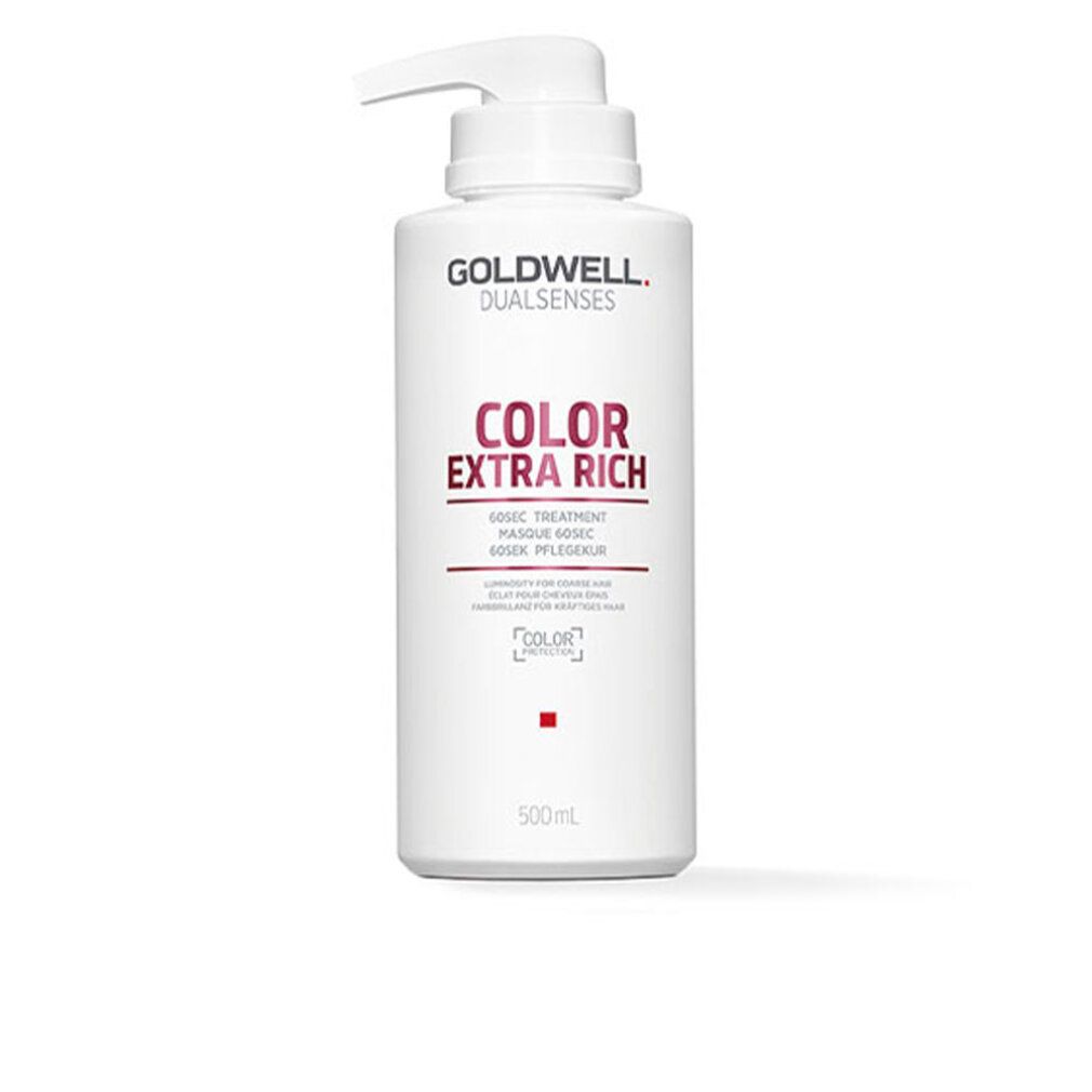 Witte fles met pomp. Opschrift: GOLDWELL DUALSENSES COLOR EXTRA RICH. 500ml. Rode stip.
