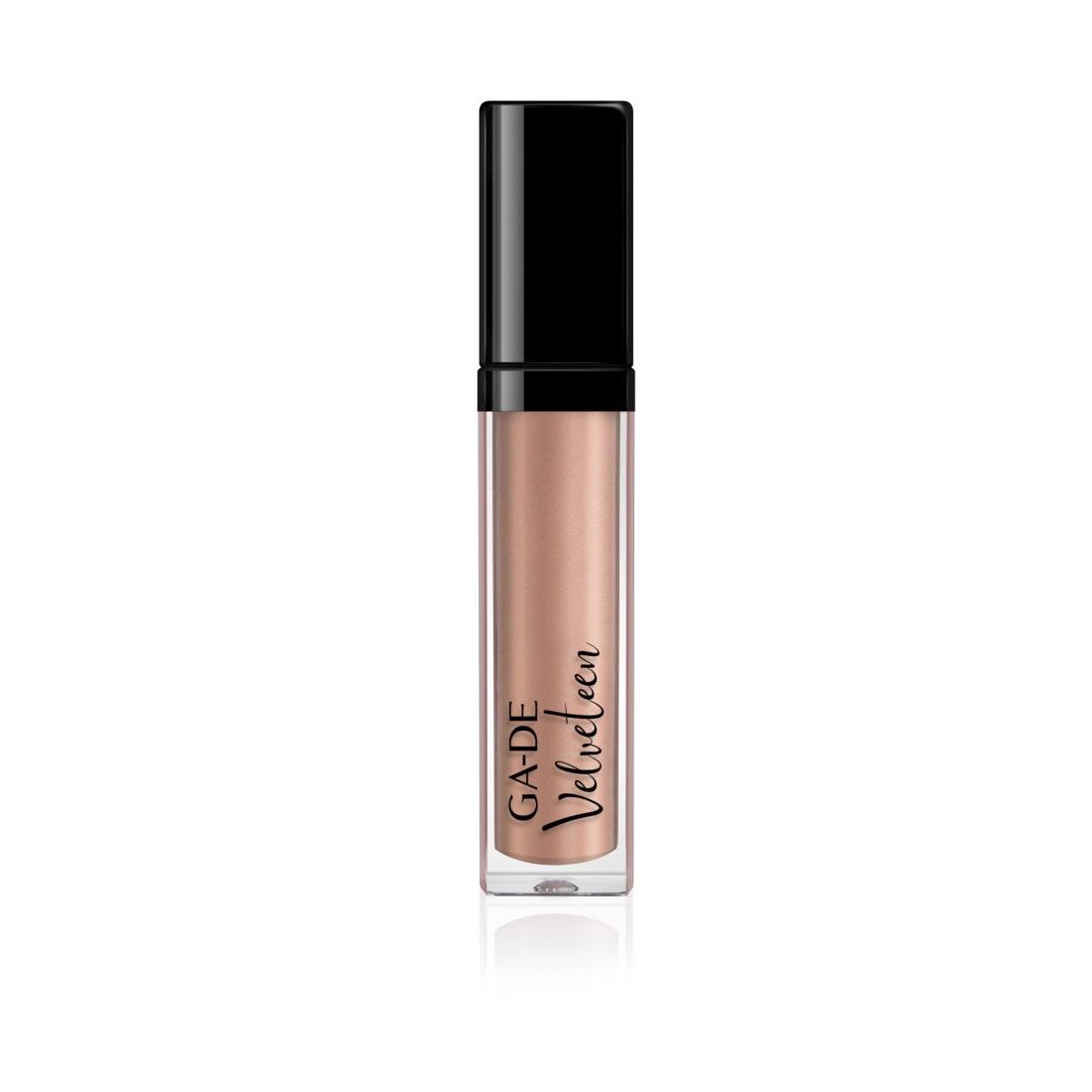 Lipgloss tube met zwarte dop. Opschrift: GA-DE Velveteen. Inhoud: lichtbruin.