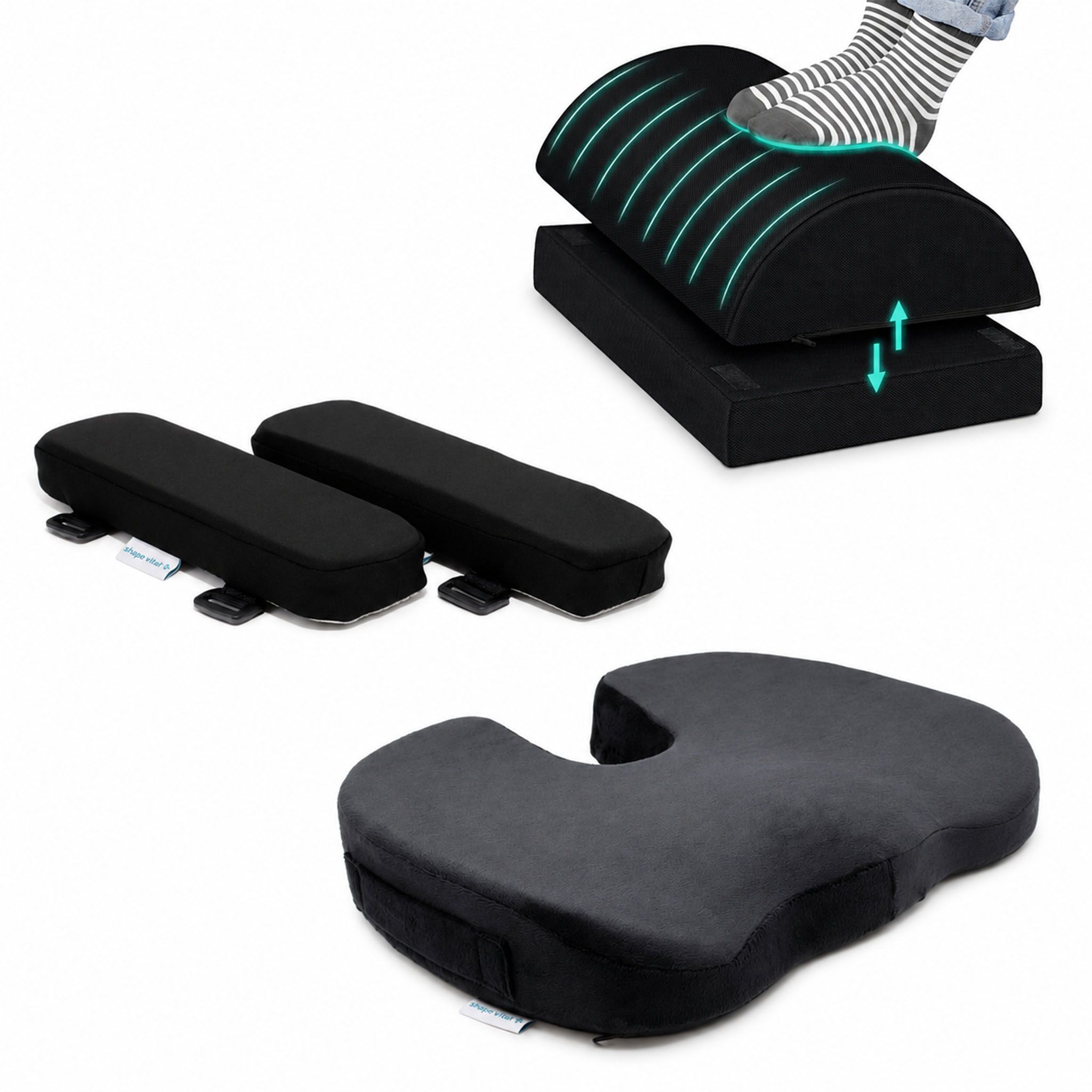 Ensemble ergonomique 3 pièces : coussin de siège, repose-pieds et accoudoirs.