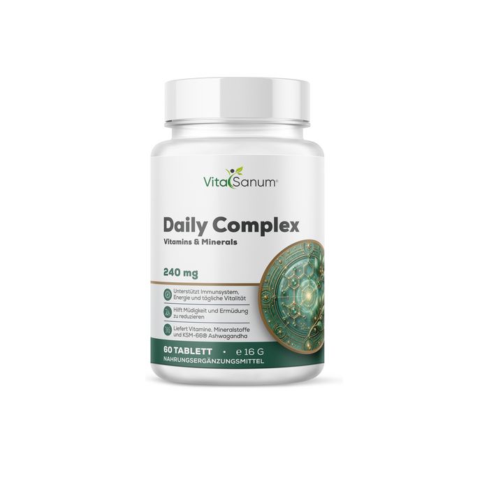 Witte fles met VitaSanum Daily Complex Vitaminen & Mineralen, 60 tabletten.