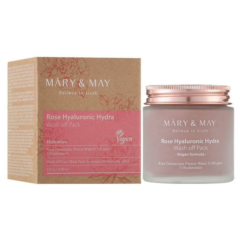 Mary & May Rose Hyaluronic Hydra Wash-off Pack, pot en verre et boîte en carton avec motif de rose et sceau Vegan.