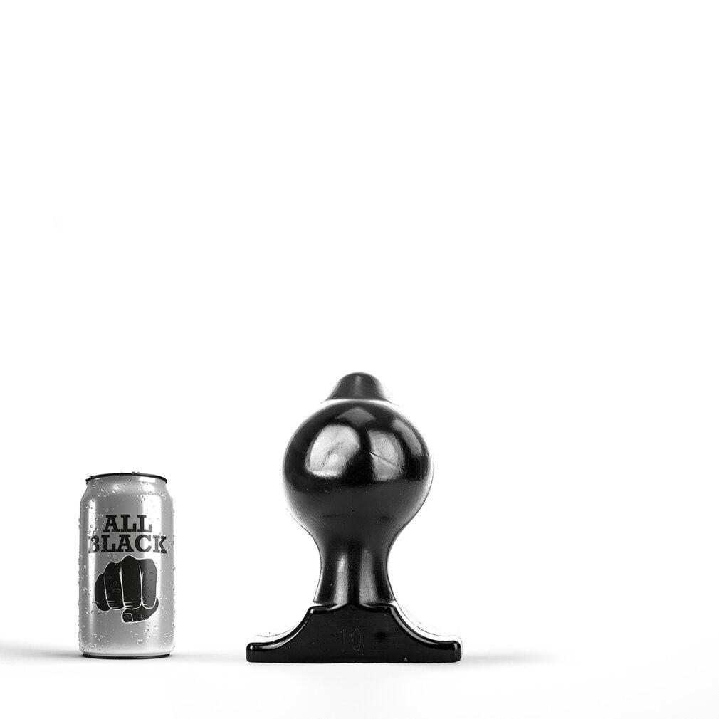 Zwarte butt plug met brede basis naast een blikje "ALL BLACK" met een vuist.