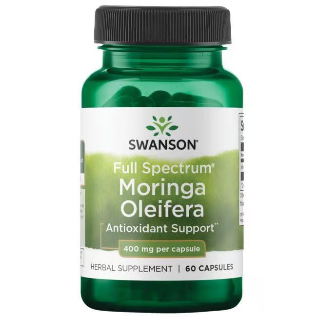 Flacon vert avec capsules noires. Inscription: SWANSON Moringa Oleifera, 400 mg par capsule, 60 capsules.