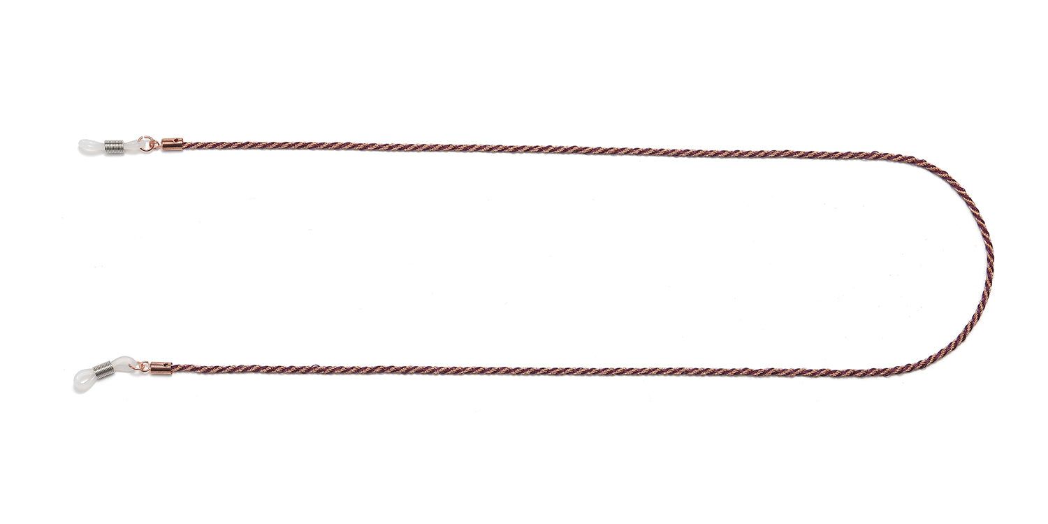 Cordon à lunettes avec corde marron et rouge et extrémités métalliques. La chaîne est torsadée et possède des boucles en silicone transparent.