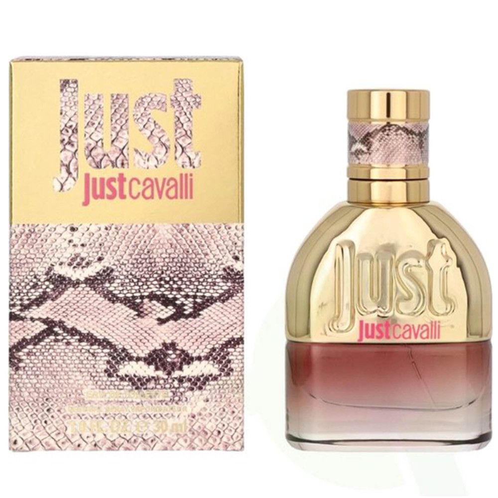 Flacon de parfum et emballage. Flacon avec bouchon doré et dégradé rose. Emballage avec inscription "Just Justcavalli".