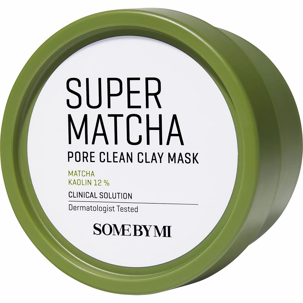 Groene container met opschrift: Super Matcha Pore Clean Clay Mask. Tekst op etiket. Dermatologisch getest.