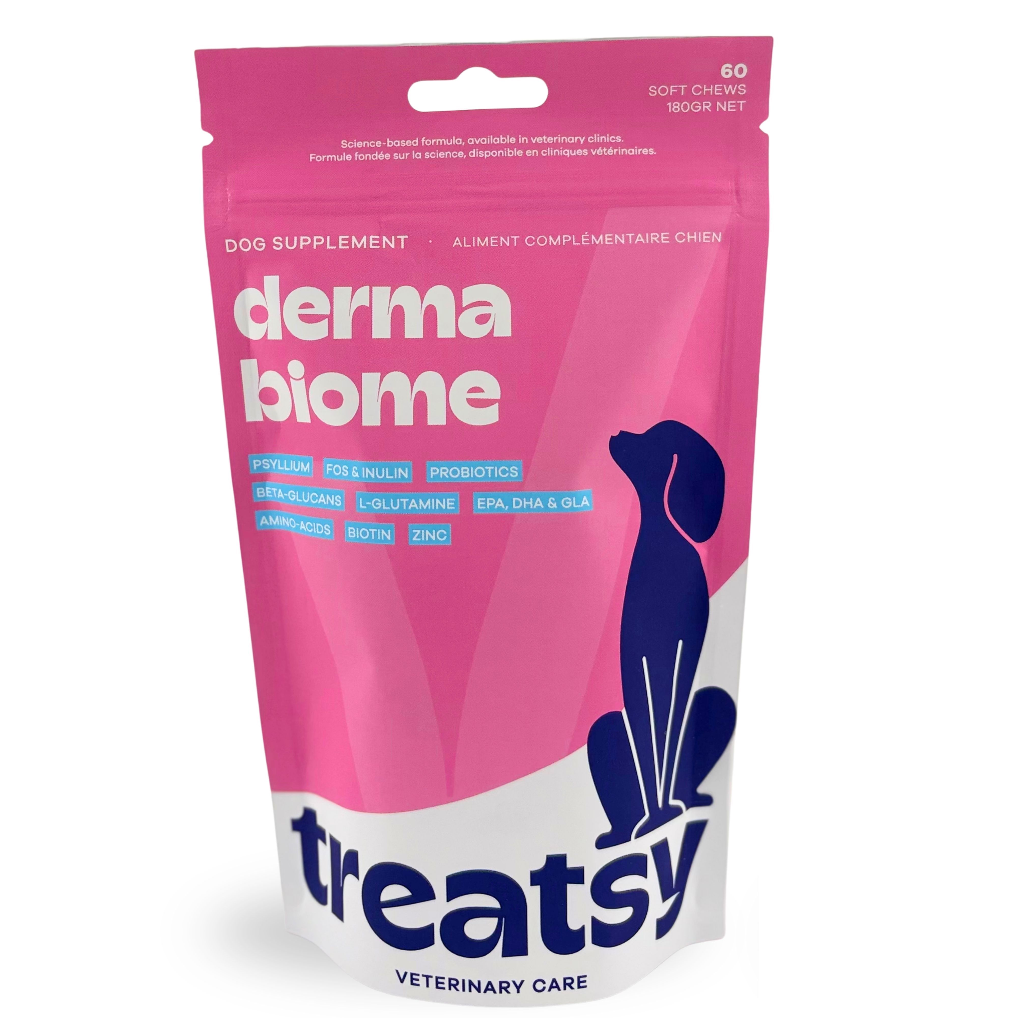 Sachet rose « derma biome » et « Treatsy ». Contient 60 Soft Chews. Silhouette de chien.