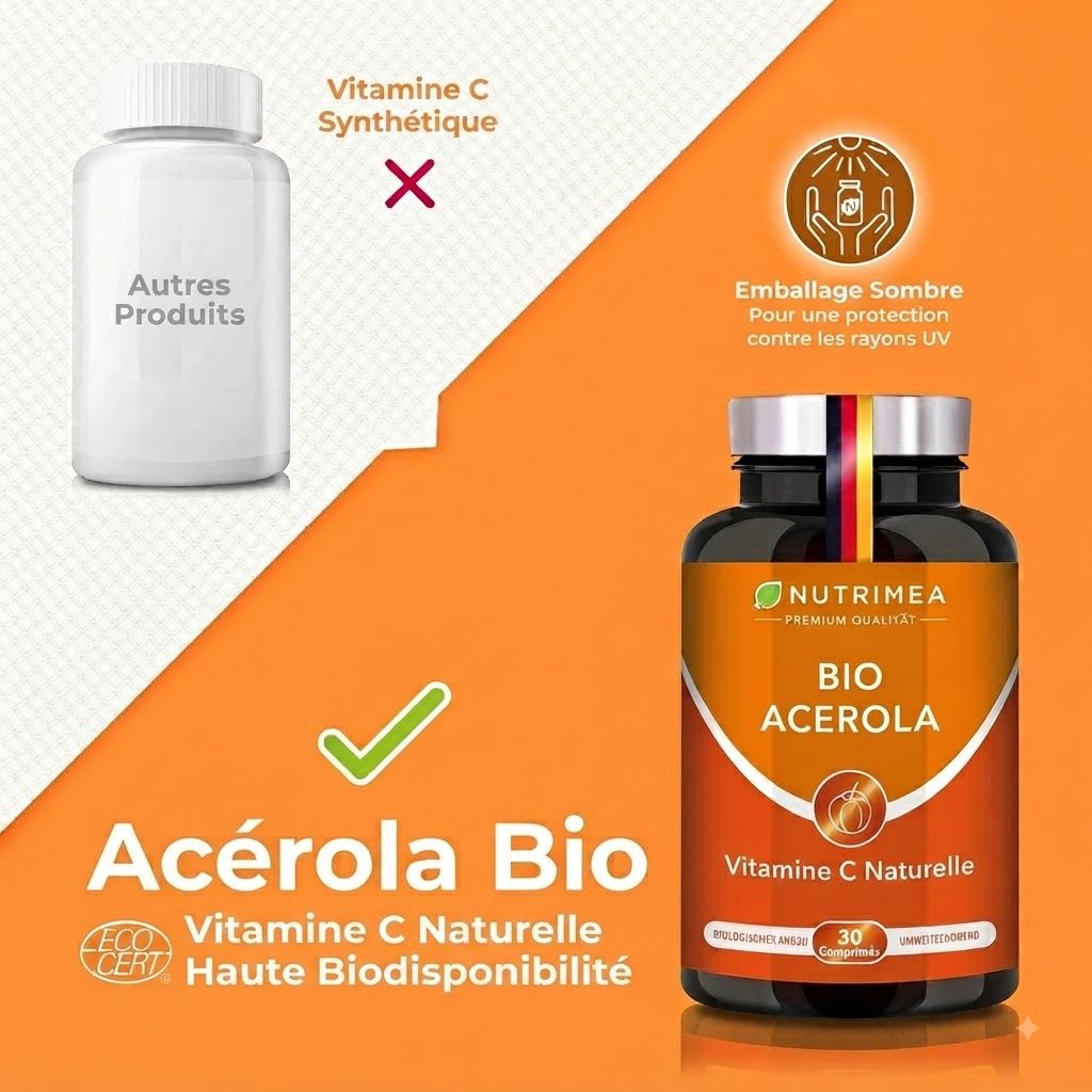 Bouteille Nutrimea Bio Acerola, Vitamine C Naturelle, 30 comprimés.