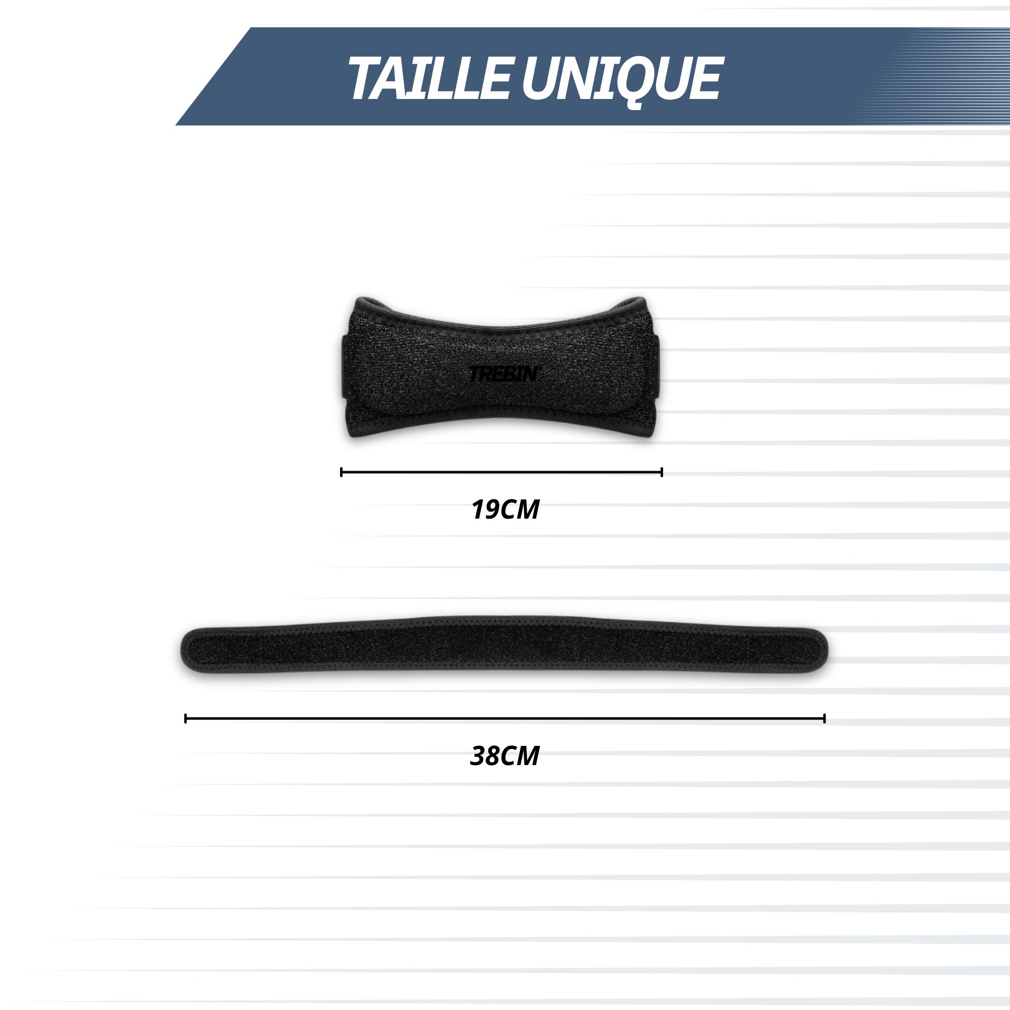 Deux genouillères noires, 19cm et 38cm de long, en tissu.