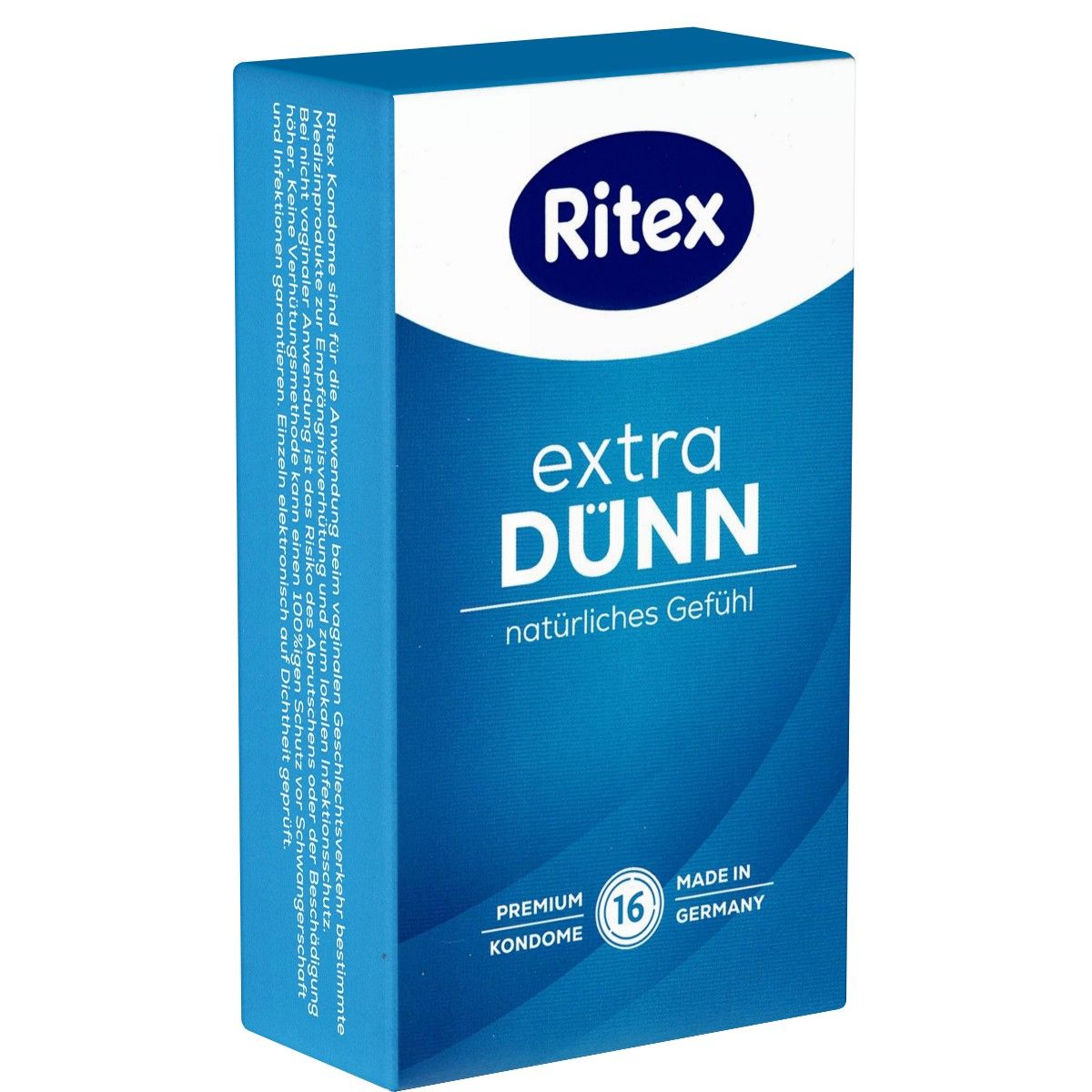 Blauw-witte Ritex-doos. Opschrift: extra DÜNN, natuurlijk gevoel. 16 condooms, Premium. Gemaakt in Duitsland.
