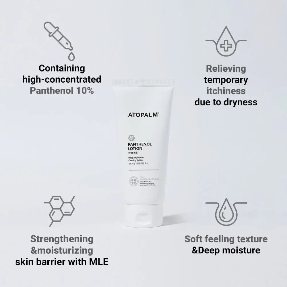 Tube blanc ATOPALM, texte PANTENOL LOTION. Graphiques : hydratation, barrière cutanée, démangeaisons. Fond blanc.