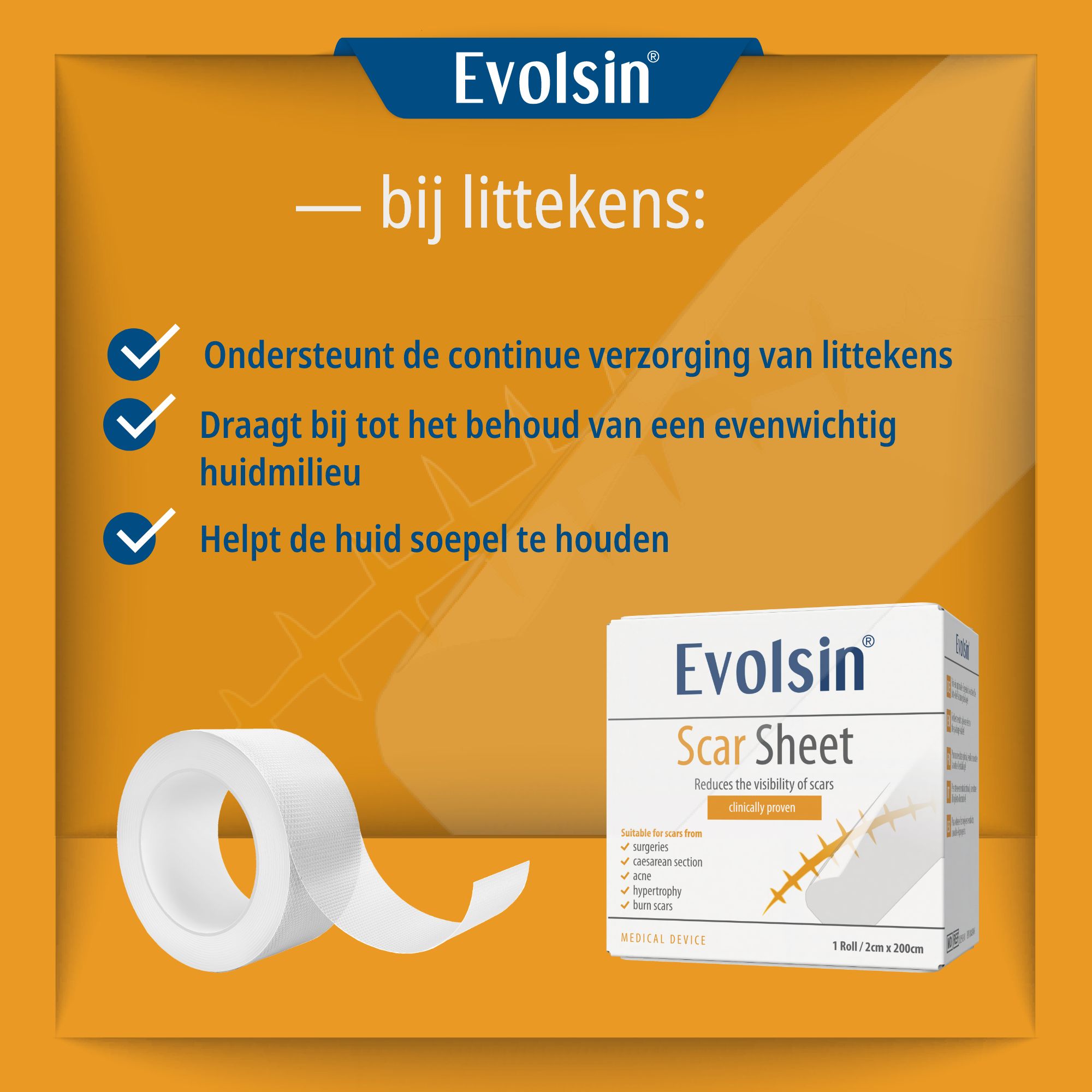 Wit littekenpleister op rol en verpakking. Klinisch getest. Voor alle soorten littekens.