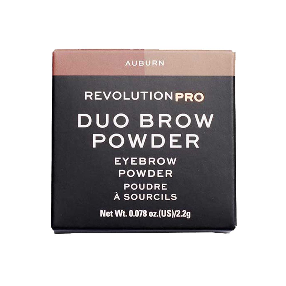 Emballage carré. Inscription: REVOLUTION PRO, DUO BROW POWDER, EYEBROW POWDER, POUDRE À SOURCILS. Couleur: Auburn.