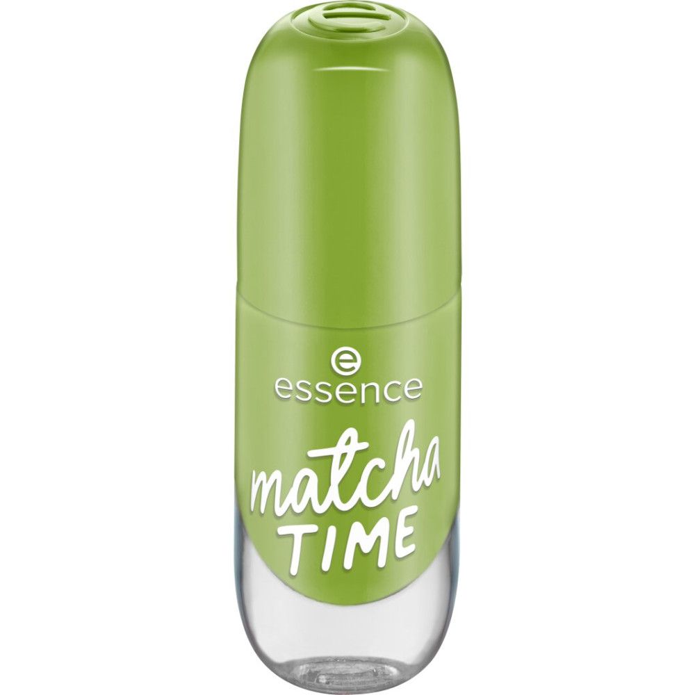 Flacon de vernis à ongles vert avec bouchon fermé. Inscription "essence matcha TIME".