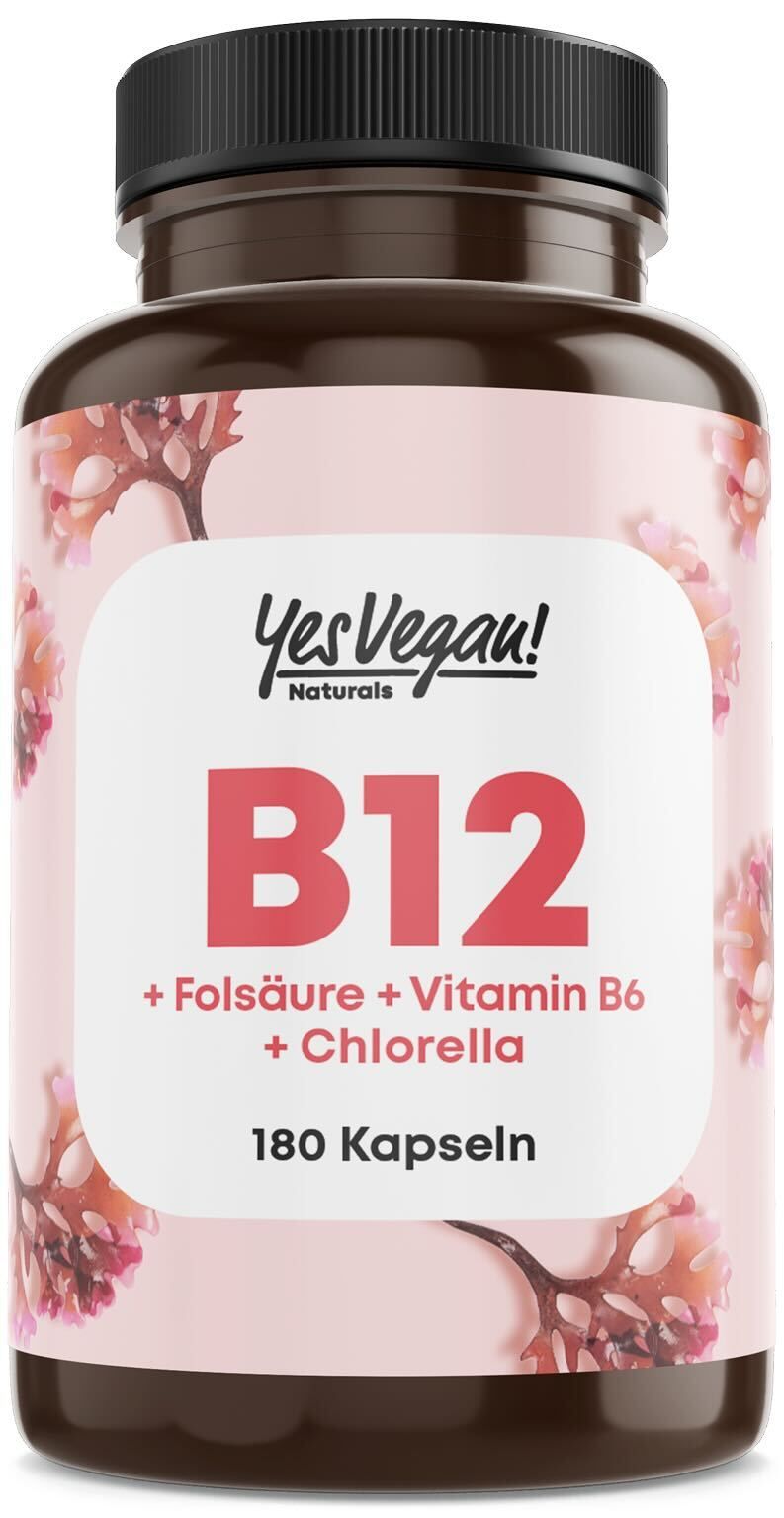 Fles met 180 capsules B12, folaat, vitamine B6 en chlorella.