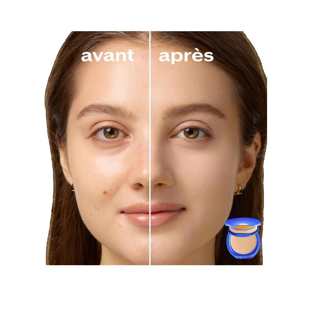 Visage, non maquillé à gauche, maquillé à droite. En bas à droite: poudre compacte.