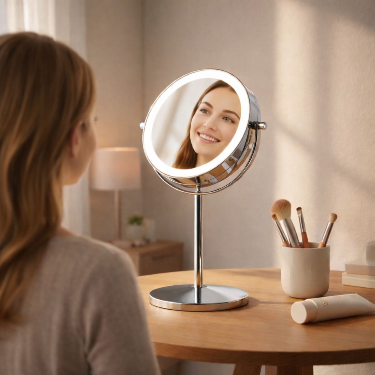 Miroir de maquillage rond avec éclairage LED et bras pivotant sur une base ronde.