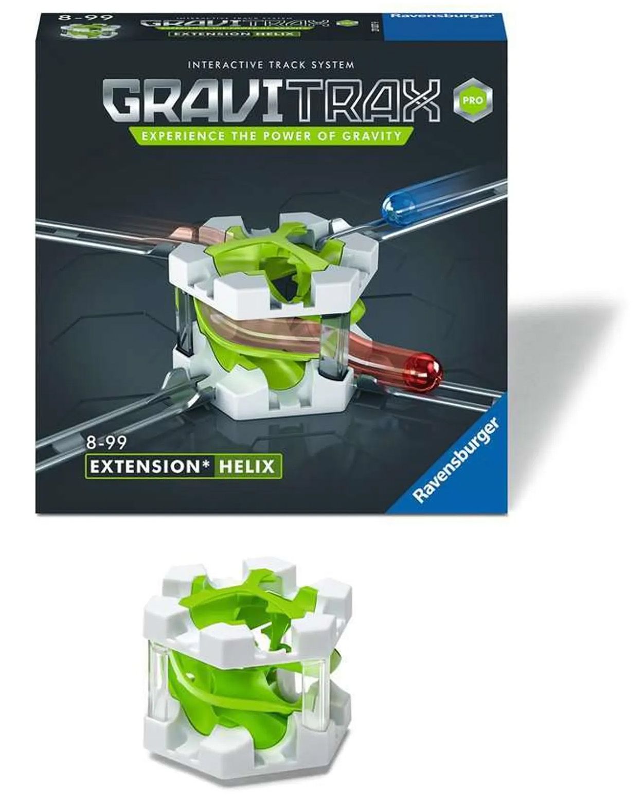 Helix-uitbreiding. Wit, groen en transparant onderdeel. Verpakking met logo en productnaam. Extra onderdeel.