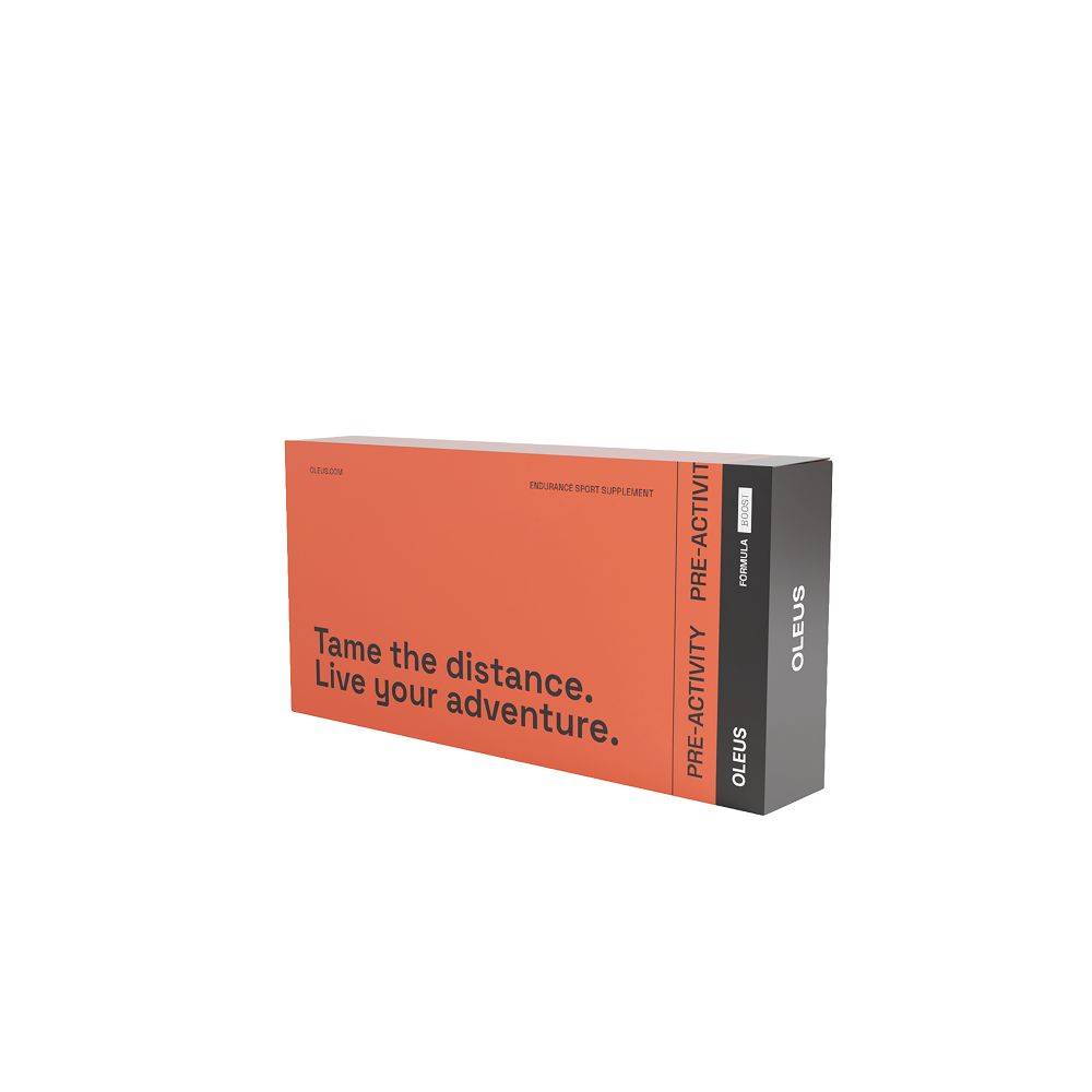 Emballage produit orange avec texte. Nom du produit OLEUS. Bande noire avec texte. Graphique rond 2.0.