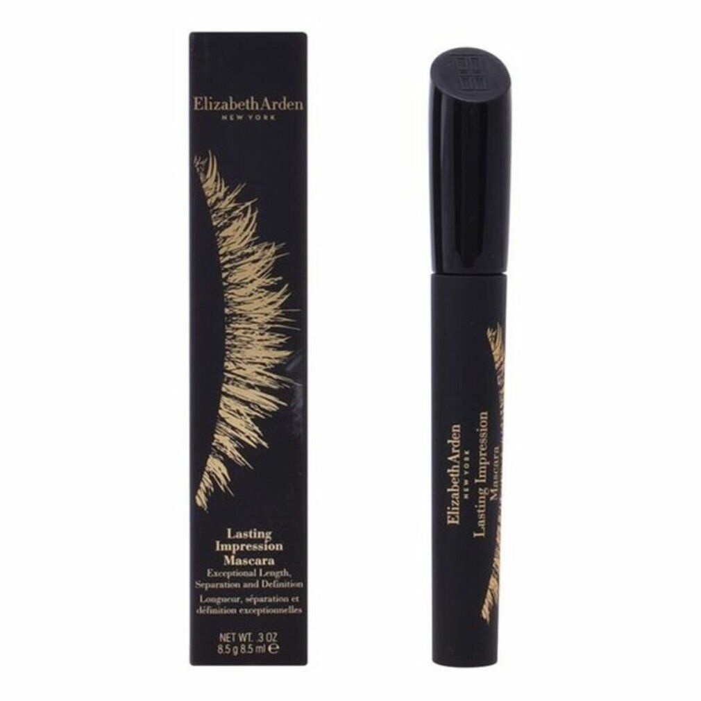 Zwarte mascara en verpakking. Opschrift: Elizabeth Arden, Lasting Impression Mascara. Gouden accenten.