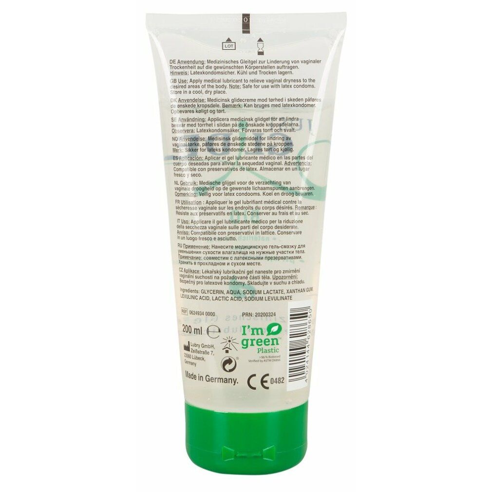 Dos d'un tube transparent avec bouchon vert. Texte: Utilisation, ingrédients, fabricant. Labels: I'm green plastic, CE 0482.