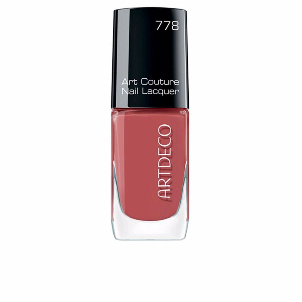 Nagellakfles, Artdeco Art Couture Nail Lacquer. Kleur 778, roze-bruin. Zwarte dop, transparante fles.