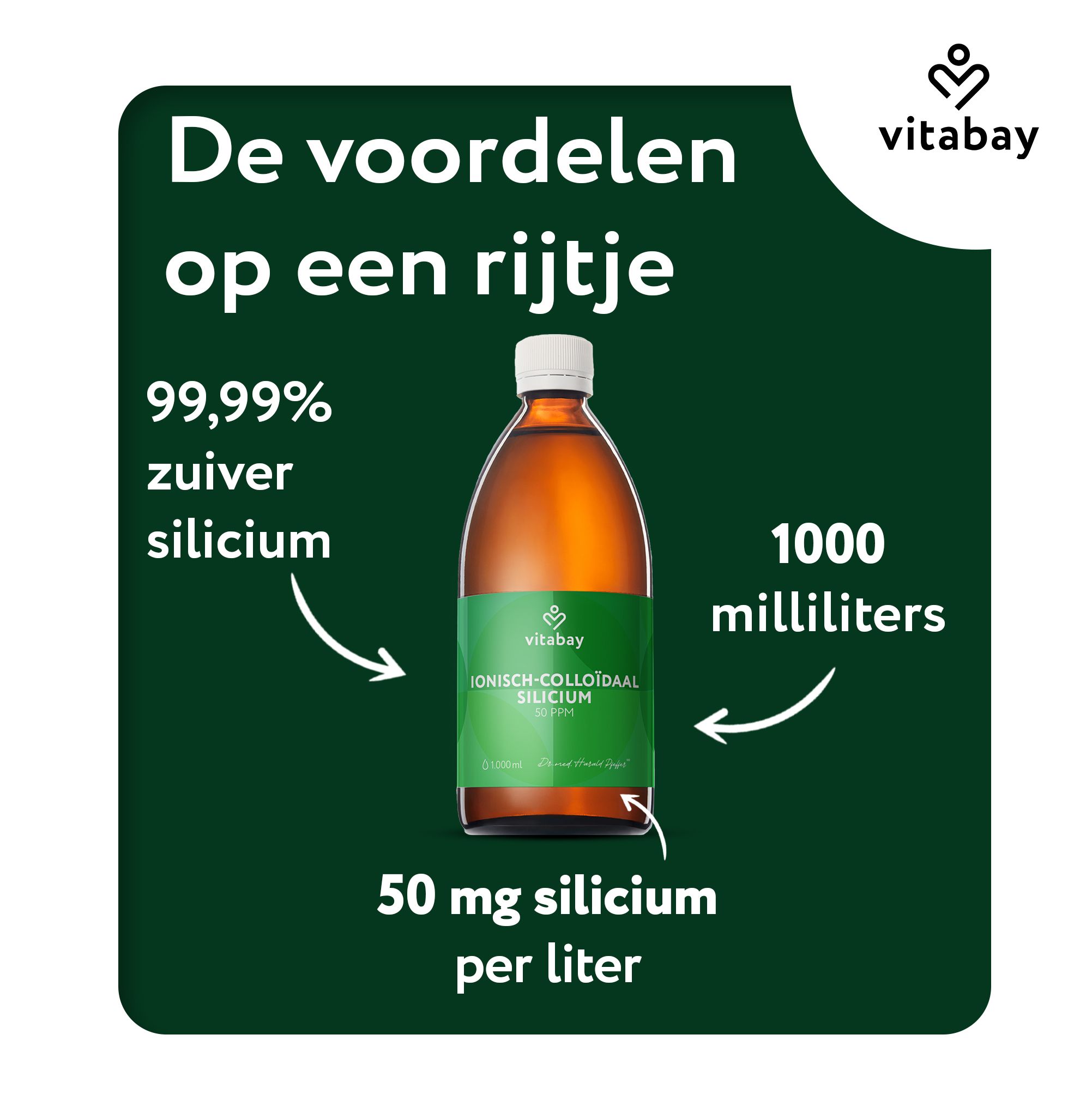 Bruine glazen fles van 1000 ml ionisch-colloïdaal silicium, 99,99% zuiver.