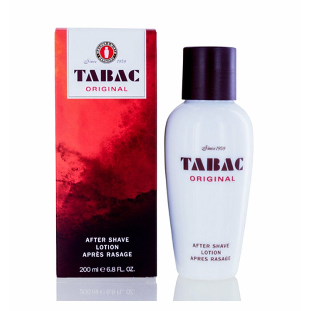 Lotion après-rasage et emballage. Logo et texte Tabac Original. 200 ml. Depuis 1959. Après Rasage.