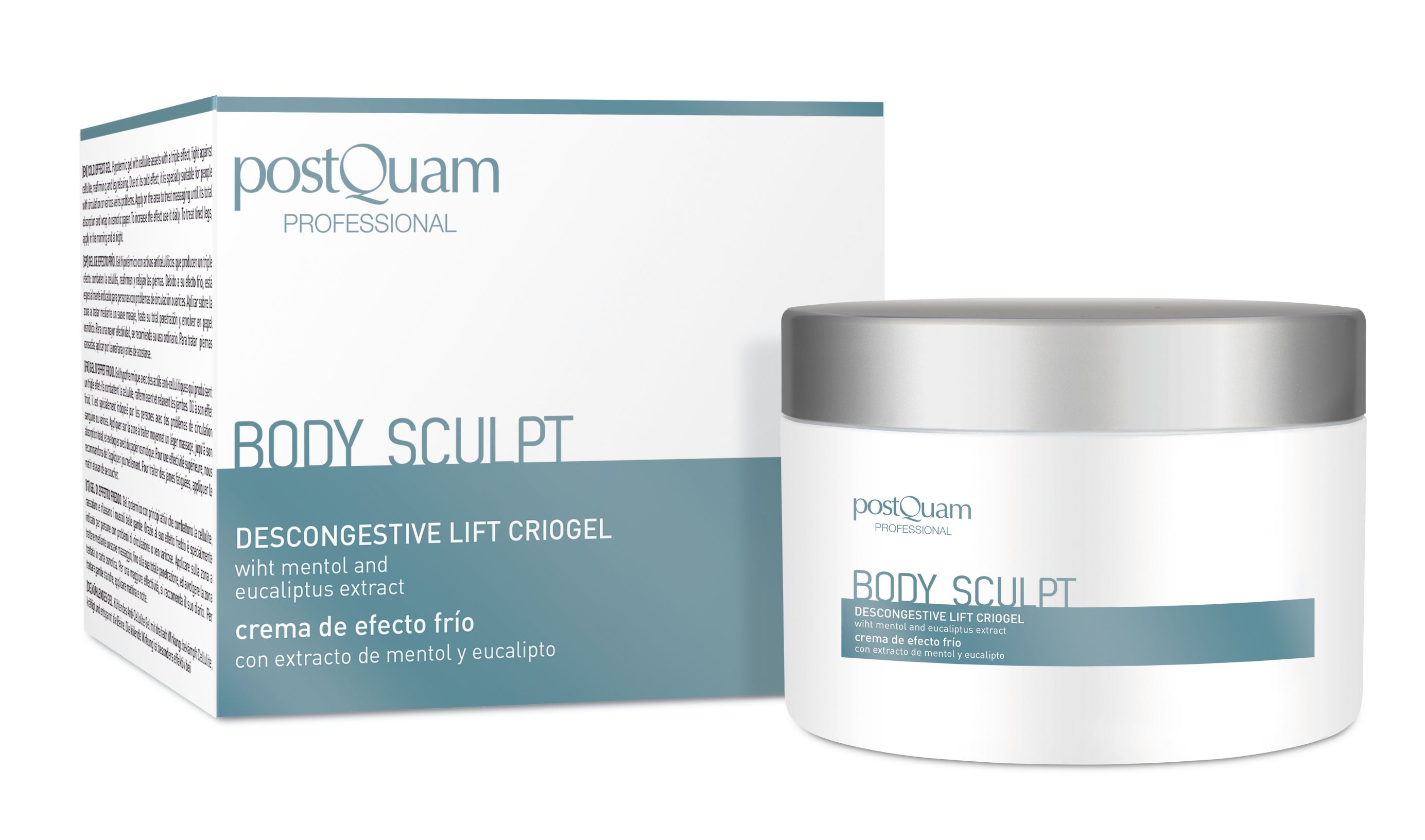 Pot et boîte de crème. Inscription : Body Sculpt, Descongestive Lift Criogel. Marque : postQuam.