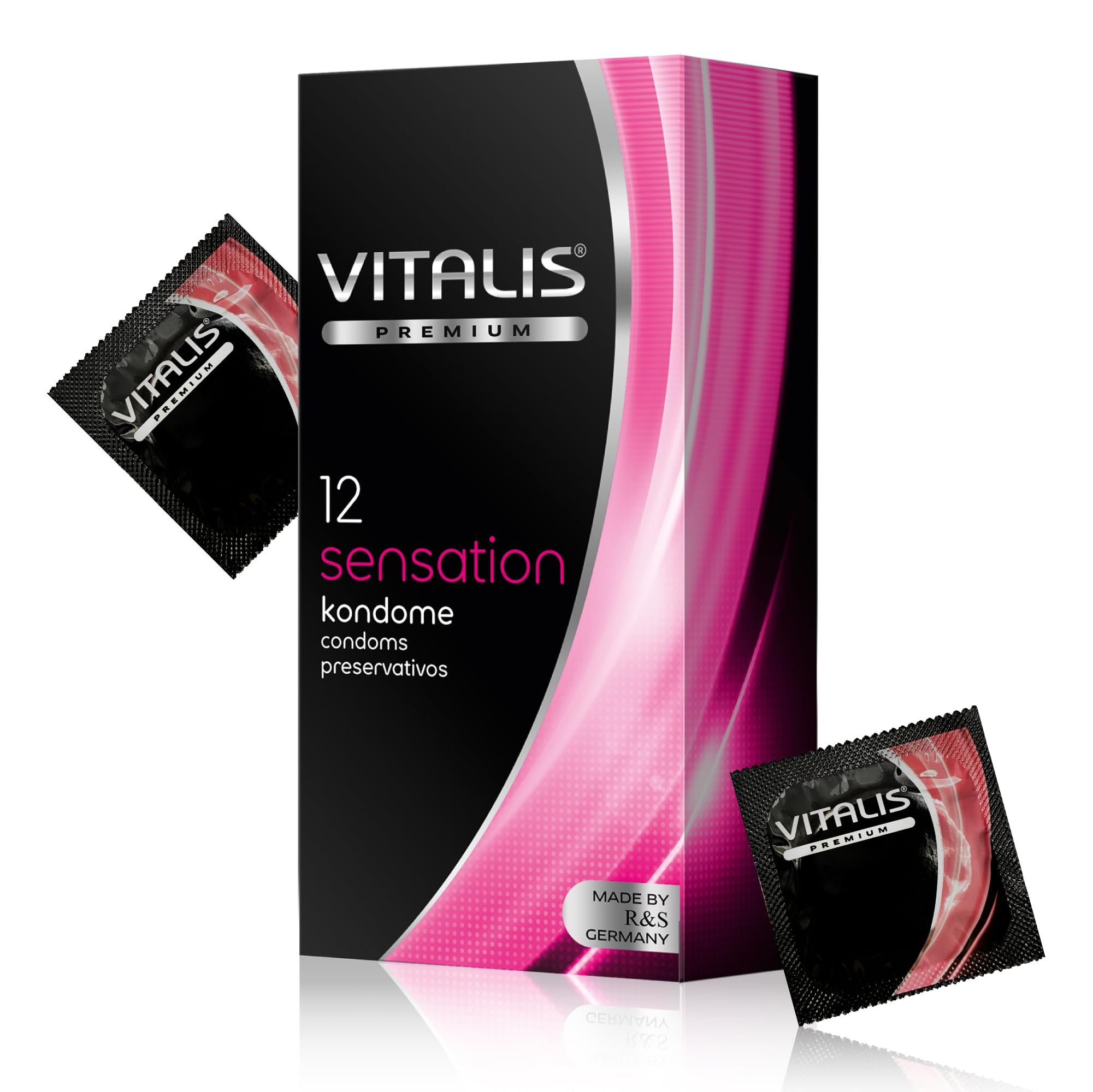 VOORZIJDE VAN EEN PAKJE MET 12 VITALIS CONDOMS, SENSATION.