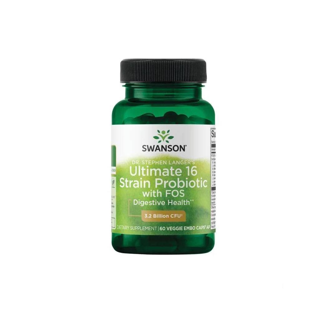 Groene fles met zwarte dop, gelabeld 'SWANSON Ultimate 16 Strain Probiotic with FOS'.