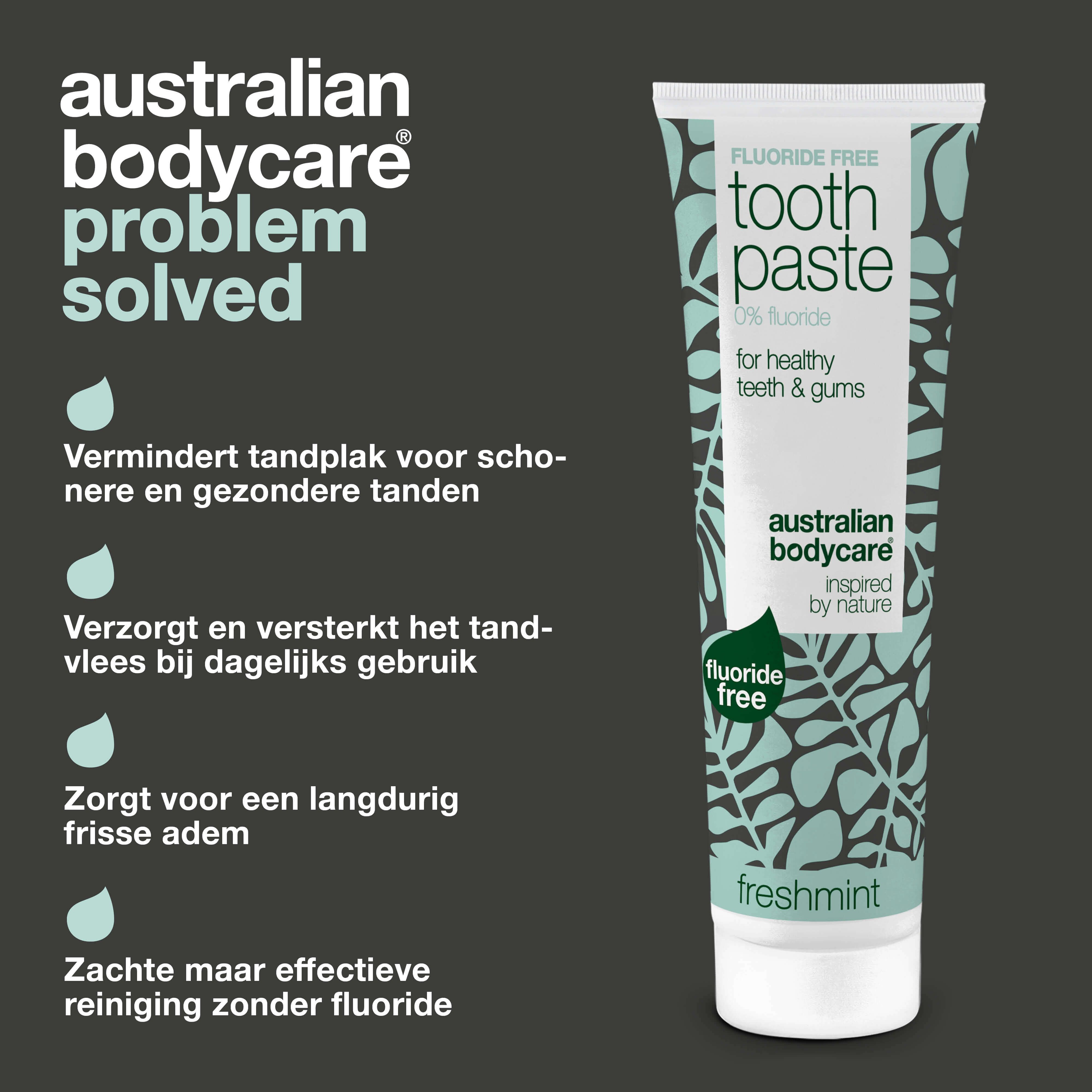 Tandpastatube. Opschrift: Fluoride Free, Toothpaste, 0% fluoride, voor gezonde tanden & tandvlees. Tekst: Vermindert tandplak.