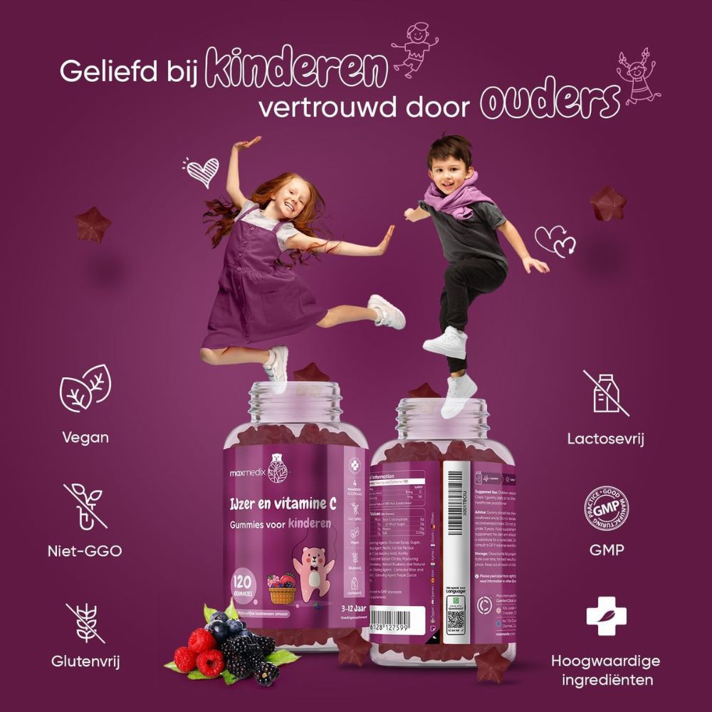 Twee flessen gummies. Opschrift: IJzer & Vitamine C voor kinderen. Vegan, glutenvrij, lactosevrij, GMP-gecertificeerd.