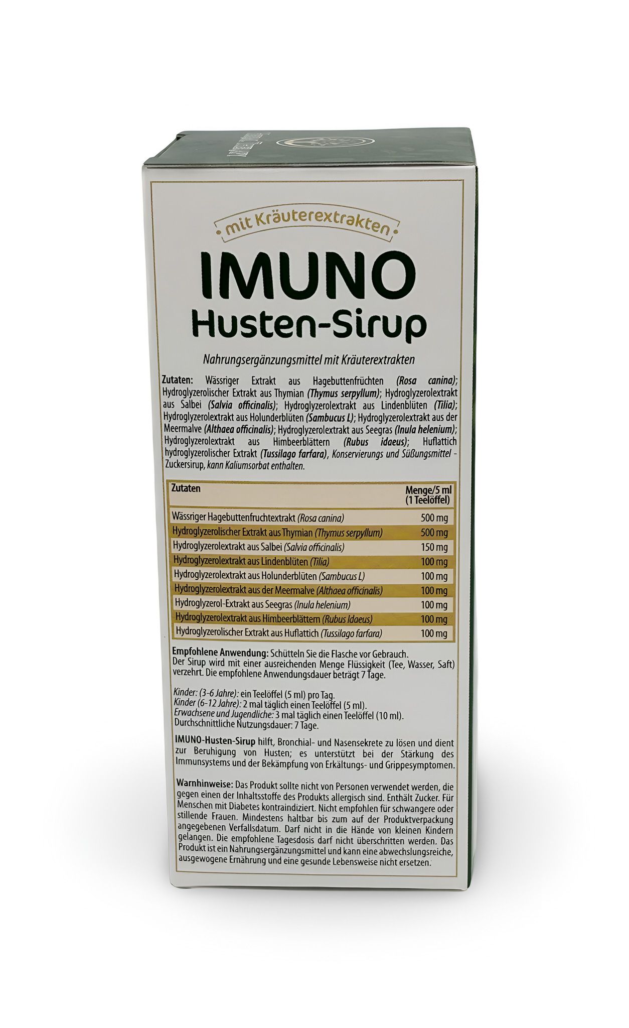 Achterkant van de doos. Opschrift: IMUNO Husten-Sirup. Ingrediëntenlijst en doseringsinstructies. Tekst in het Duits.